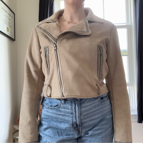 Zara Faux Suede Moto Jacket with Rhinestone Trim & Belt - Picture 3 of 11